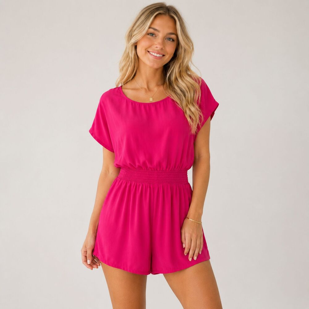Women's Hot Pink Smocked Waist Romper Flutter Sleeve Pocket Romper
